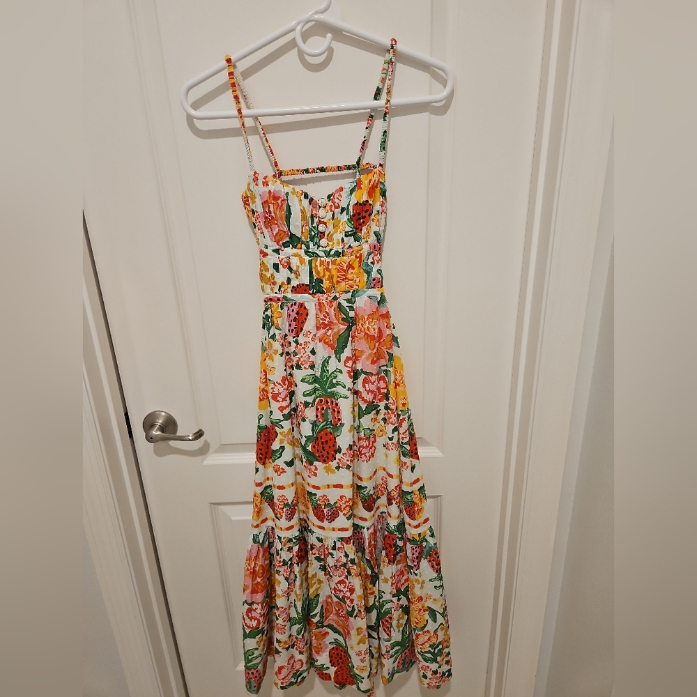 FARM Rio White Maxi Dress with Yellow, Green & Pink Floral Print